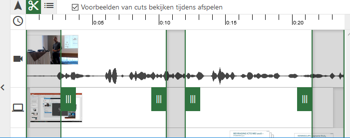 4. Klik rechtsboven op Publiceren. 5. Om een stuk midden in de opname te wissen, maak je ook gebruik van de schaar.