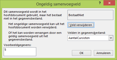 Ongeldig samenvoegveld Dit is ook weer een lastig te beantwoorden dialoog. Als u zeker weet dat het veld niet meer nodig is in het sjabloon kiest u dan voor [Veld verwijderen].