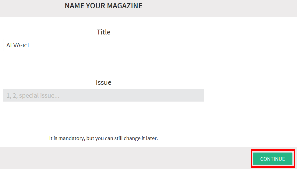 Vul de volgende gegevens in: stap 3 vul bij "title" de titel van je magazine in (1); vul bij "issue" de editie in van je magazine