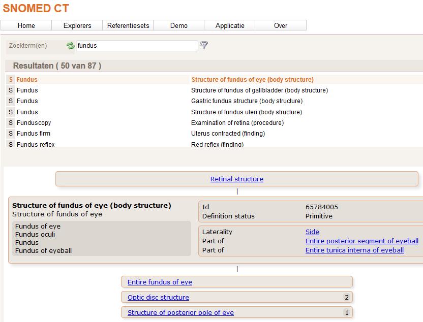 zoekbalk topniveauconcept FSN preferred synonym synoniemen Figuur 6 - Overzicht in de SNOMED CT browser.