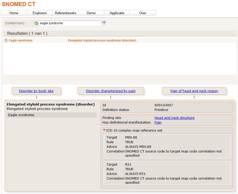 Figuur 19 - SNOMED gekoppeld aan ICD-10 codes. Eagle syndrome moet in de ICD-10 classificatie dus gecodeerd worden als M89.88 en R51.