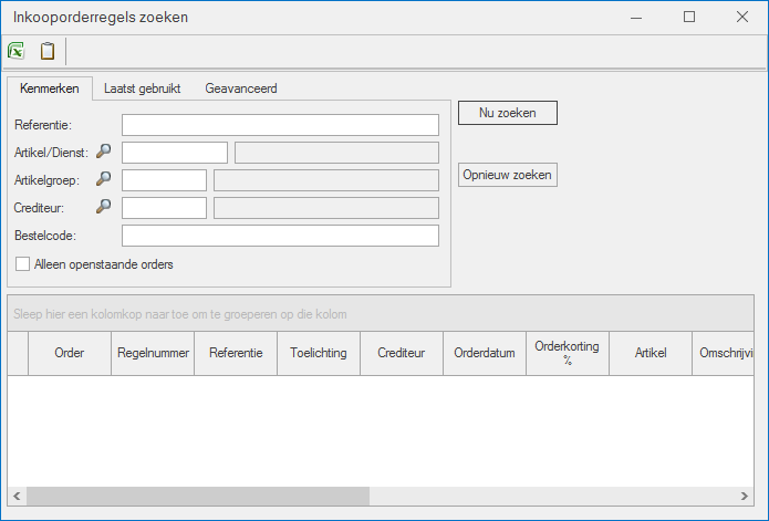 1 Algemeen 1.1 Inkooporderregels zoeken Onderdeel Voorraad & Bestelregistratie Net als voor Grootboekmutaties en Opdrachtregels is er nu een uitgebreid zoekprogramma beschikbaar voor inkooporders.