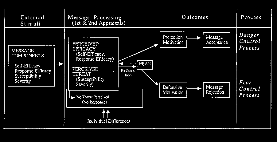 berichtafwijzing (message rejection) en uiteindelijk tot angstcontrolerend gedrag (fear control mode) leiden. In figuur 1 wordt een schematische weergave gegeven van het EPPM (Witte, 1998).