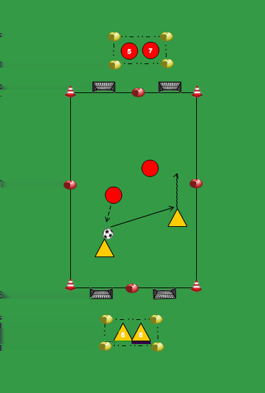 2 TEGEN 2 MET 4 DOELTJES Organisatie Regels: beide teams kunnen scoren door te passen of te schieten in twee kleine doeltjes als de bal uit is indribbelen of inpassen.