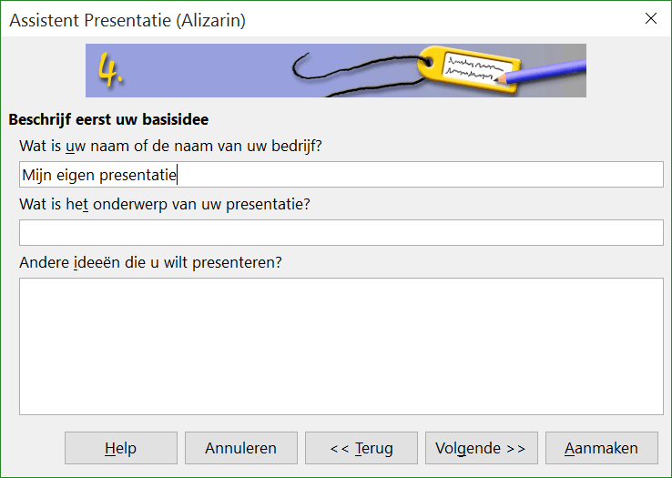 Afbeelding 13: Informatie over uw presentatie toevoegen 7) Klik op Volgende. Stap 5 van de Assistent presentatie geeft u een voorbeeld van hoe uw presentatie er uit zal zien (Afbeelding 14).