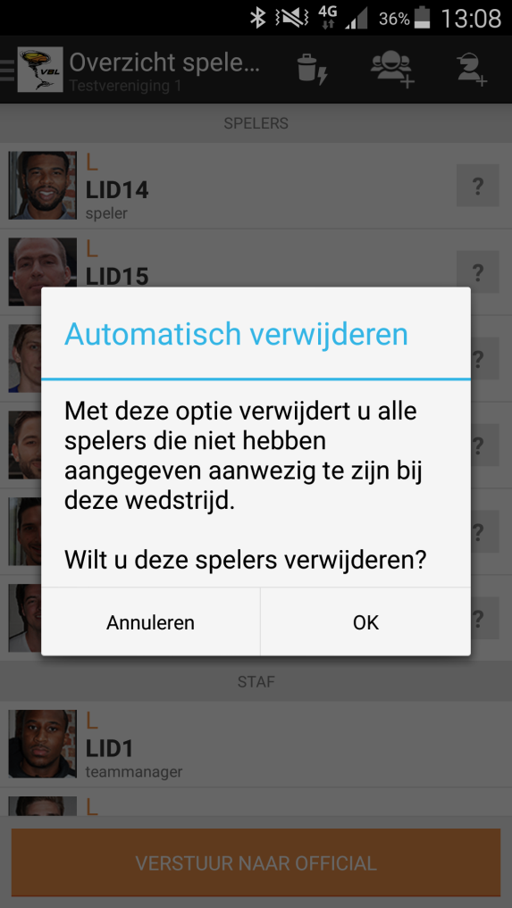 Automatisch verwijderen Via de knop automatisch verwijderen is het mogelijk spelers die niet hebben aangegeven aanwezig te zijn (dus zowel Afwezig als Reserve) in het onderdeel Aanwezigheid uit