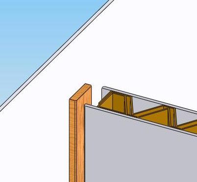 T-VERBINDING Om een zogenaamde T-verbinding te creëren, oftewel een wand haaks op een andere wand, wordt een MDF montagelat op de reeds geplaatste wand en de vloer bevestigd waar overheen de BIA