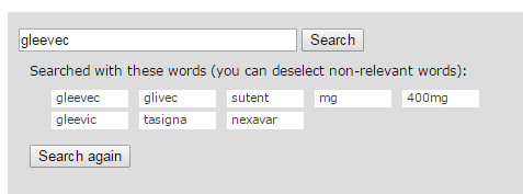 verbonden zijn (glivec, sutent, mg, 400mg, gleevic, tasigna en nexavar) De termen waarmee het systeem de