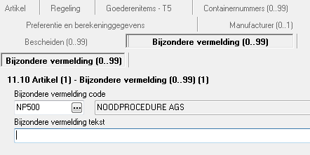 2) Bij het 1 ste artikel de code NP500. De elektronische aangifte, volgend op de noodprocedure, die na de storing wordt ingezonden, wordt niet gecommuniceerd met het proces uitgaan (ECS). Let op!