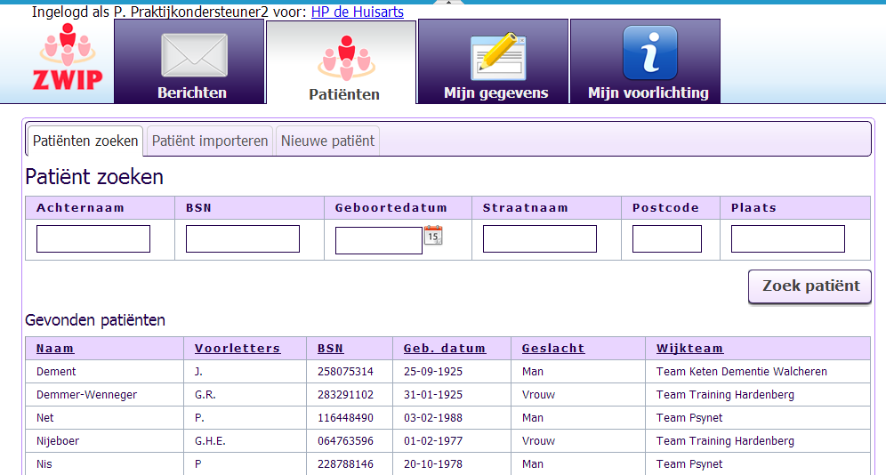 Patiënten In het tabblad Patiënten kunt u alle patiënten vinden waarbij u in het netwerk zit. Standaard worden de eerste 20 patiënten op alfabetische volgorde getoond.