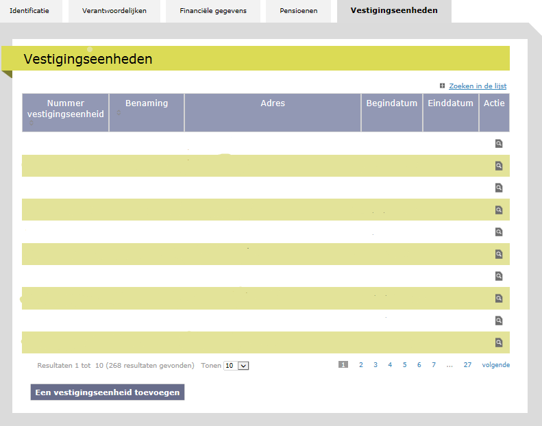 3.1.5. Vestigingseenheden In dit tabblad vindt u al uw vestigingseenheden terug.