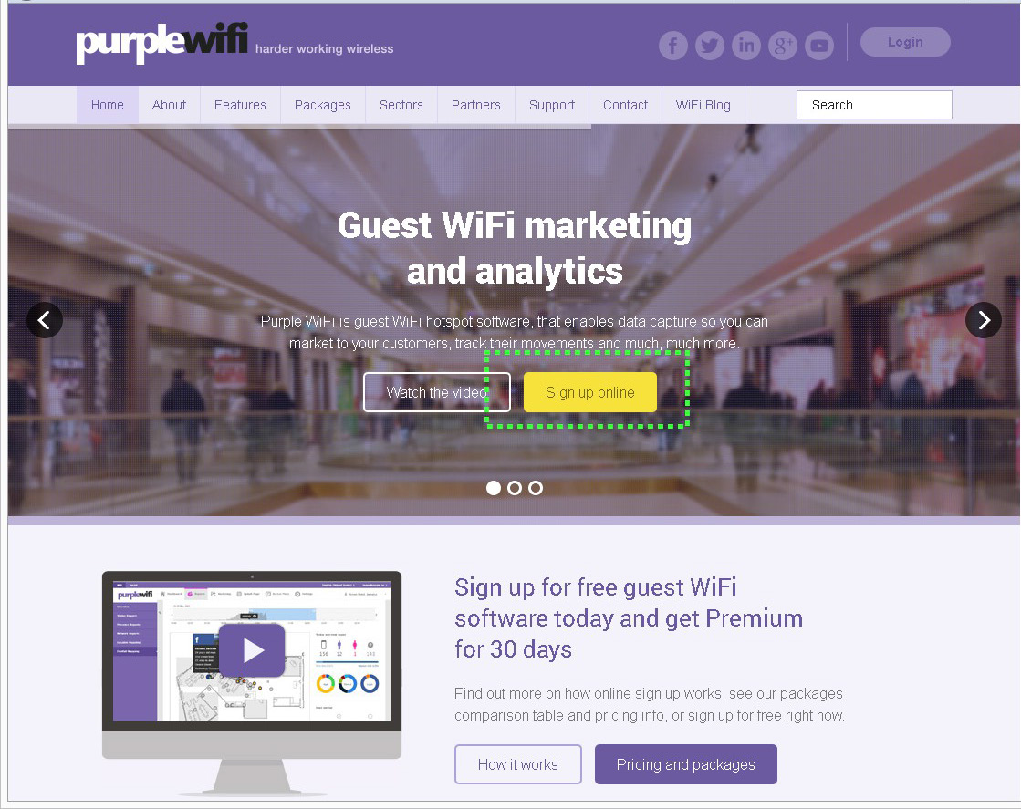 Het apparaat installeren STAP 1 Ga naar de www.purplewifi.net en klik op Registreer online.