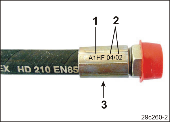 Reinigen, service en onderhoud 12.5.6.1 Aanduidingen op hydrauliekslangen De aanduidingen op de slangen hebben de volgende betekenis: Afb. 213/.