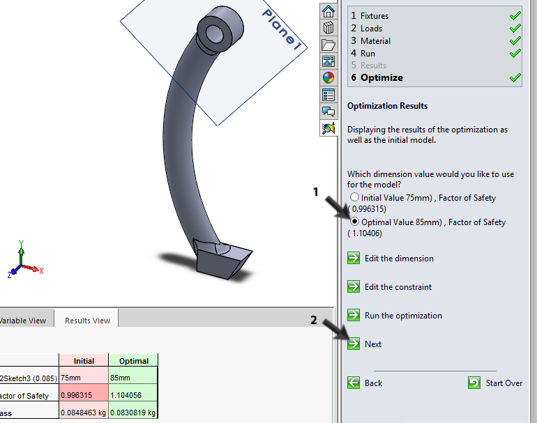 98 De nieuwe maat is berekend op 85. Het onderdeel is daarmee sterker en lichter geworden. Deze maat willen we gebruiken in het model 1. Klik op Optimal Value 2.