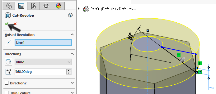 106 Maak nu de sketch zoals je die hiernaast ziet: Teken eerst de centerline vanuit de Origin verticaal omhoog. Teken dan het driehoekje.