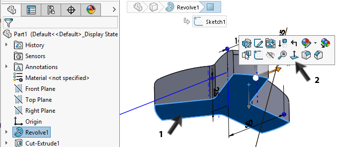 15 Nu kunnen we het gedeelte dat we uit de vorm gehaald hadden, drie keer kopiëren rondom de as. 1. Klik in de CommandManager op het pijltje onder Linear Pattern 2. Klik op Circular Pattern. 16 1.