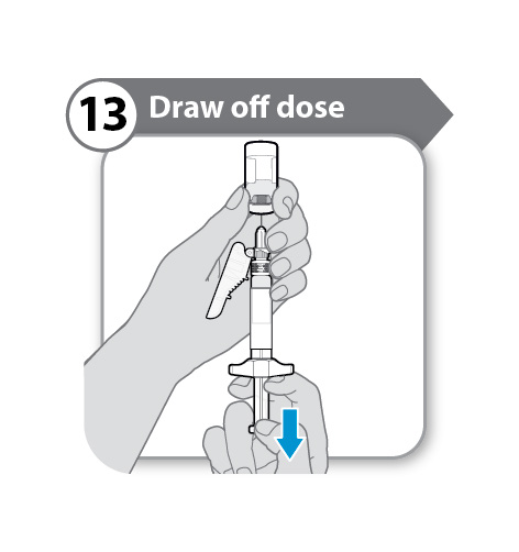 13. Dosis opzuigen 13 Dosis opzuigen Trek de zuiger langzaam terug om zoveel mogelijk geneesmiddel uit de injectieflacon op te zuigen.