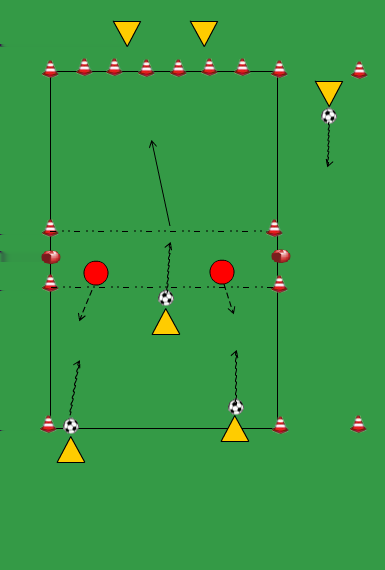 DRIBBEL PIONSCHIETSPEL MET VERDEDIGERS (2) Organisatie Regels: spelers kunnen scoren door langs de verdedigers te dribbelen en de bal vanuit de vrije ruimte op een pion te schieten.