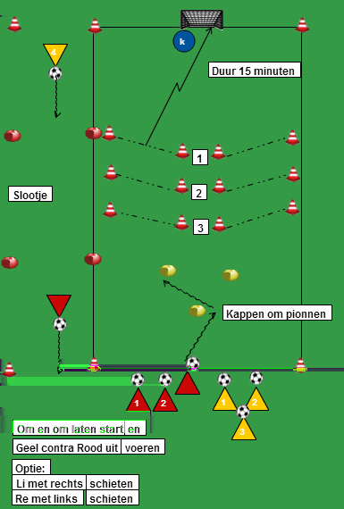 F1/E1/E2/D1: NR 3 DOELSCHIETSPEL MET KEEPER LI/RE Regels Li en Re: spelers kunnen scoren door de bal stil te leggen op 8 meter van het doel en te scoren.