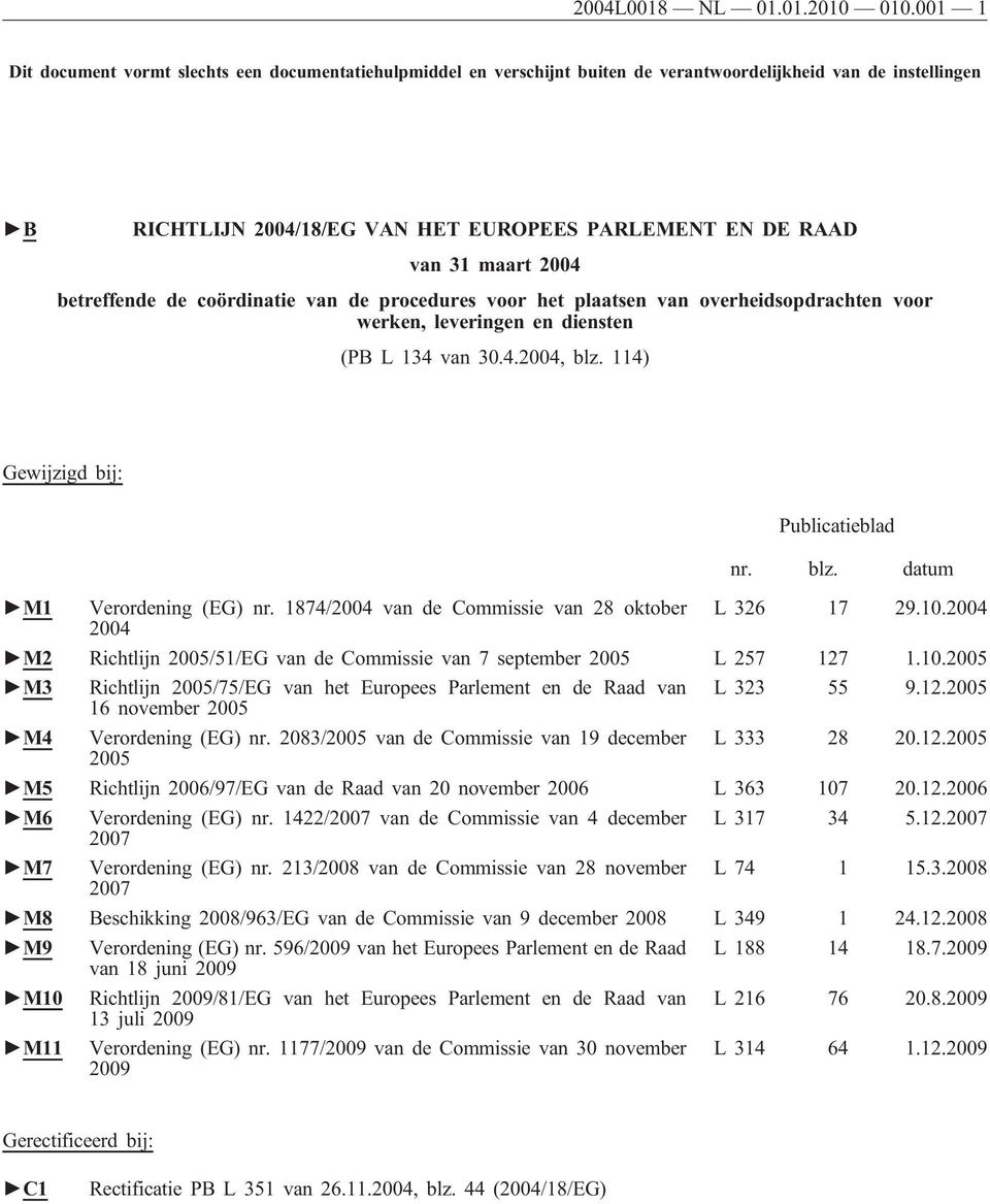 2004 betreffende de coördinatie van de procedures voor het plaatsen van overheidsopdrachten voor werken, leveringen en diensten (PB L 134 van 30.4.2004, blz. 114) Gewĳzigd bĳ: Publicatieblad nr. blz. datum M1 Verordening (EG) nr.