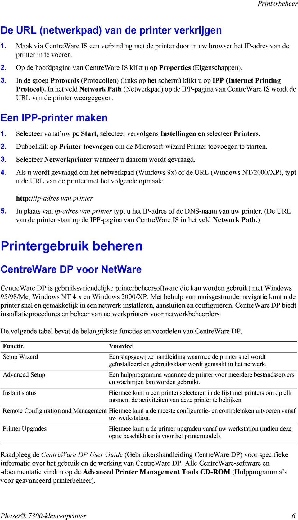 In het veld Network Path (Netwerkpad) op de IPP-pagina van CentreWare IS wordt de URL van de printer weergegeven. Een IPP-printer maken 1.