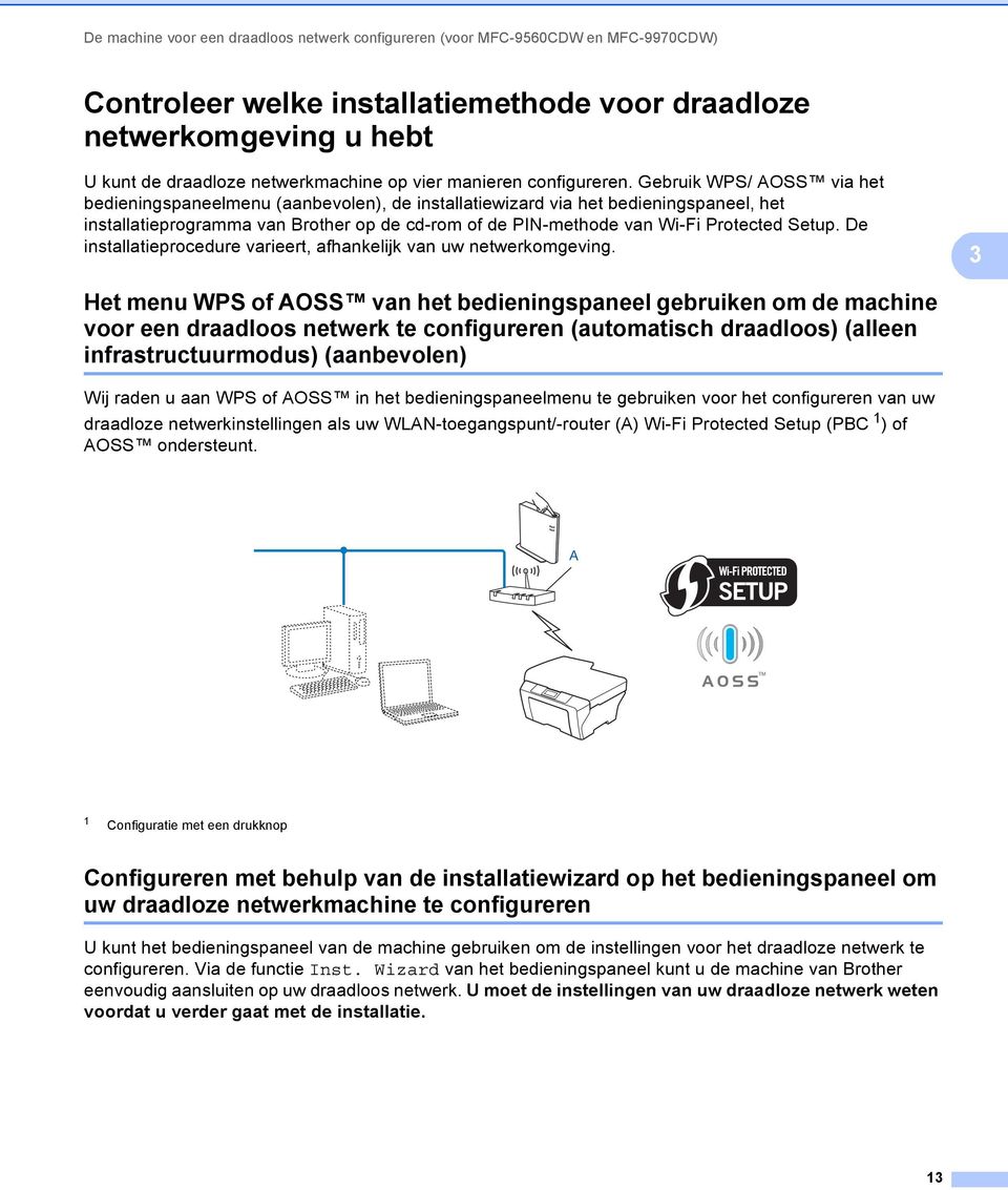 Gebruik WPS/ AOSS via het bedieningspaneelmenu (aanbevolen), de installatiewizard via het bedieningspaneel, het installatieprogramma van Brother op de cd-rom of de PIN-methode van Wi-Fi Protected