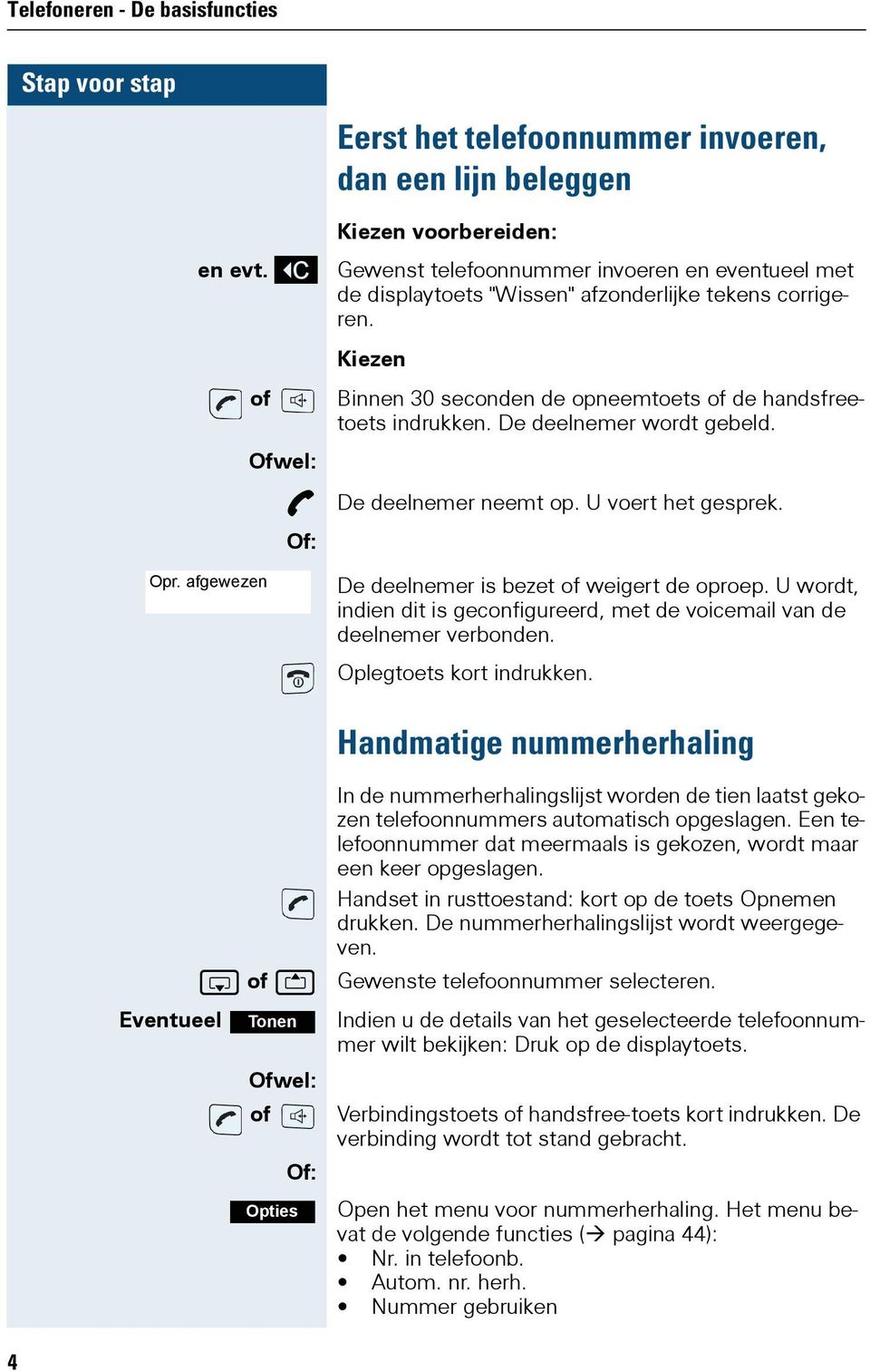 afgewezen of Ofwel: p Of: Binnen 30 seconden de opneemtoets of de handsfreetoets indrukken. De deelnemer wordt gebeld. De deelnemer neemt op. U voert het gesprek.