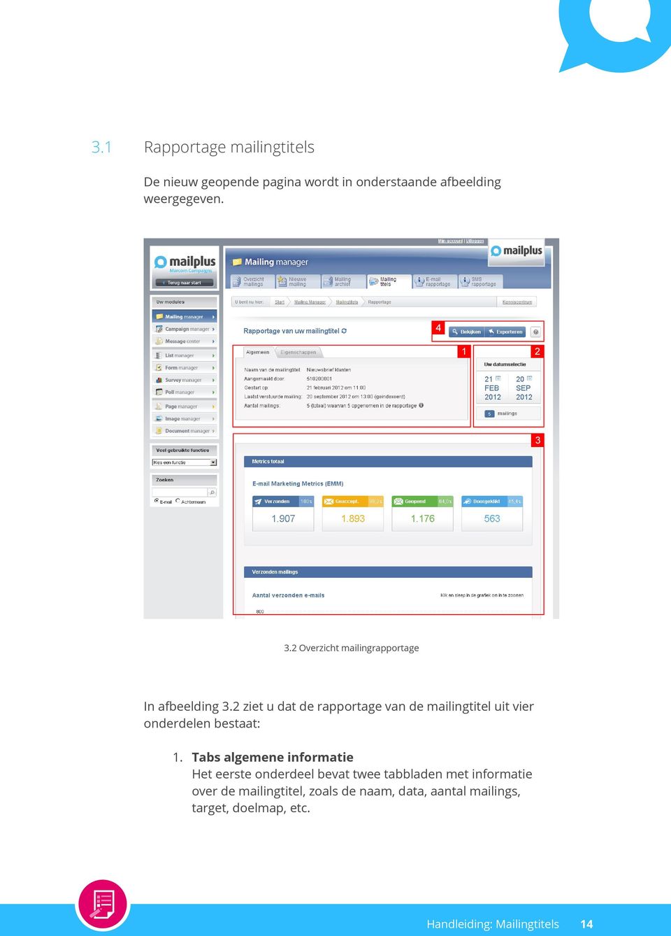 2 ziet u dat de rapportage van de mailingtitel uit vier onderdelen bestaat: 1.
