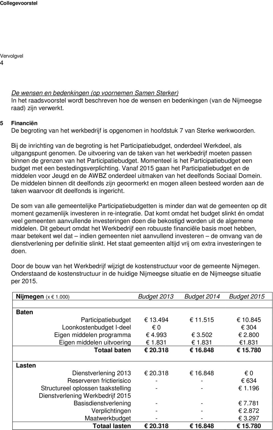 Bij de inrichting van de begroting is het Participatiebudget, onderdeel Werkdeel, als uitgangspunt genomen.