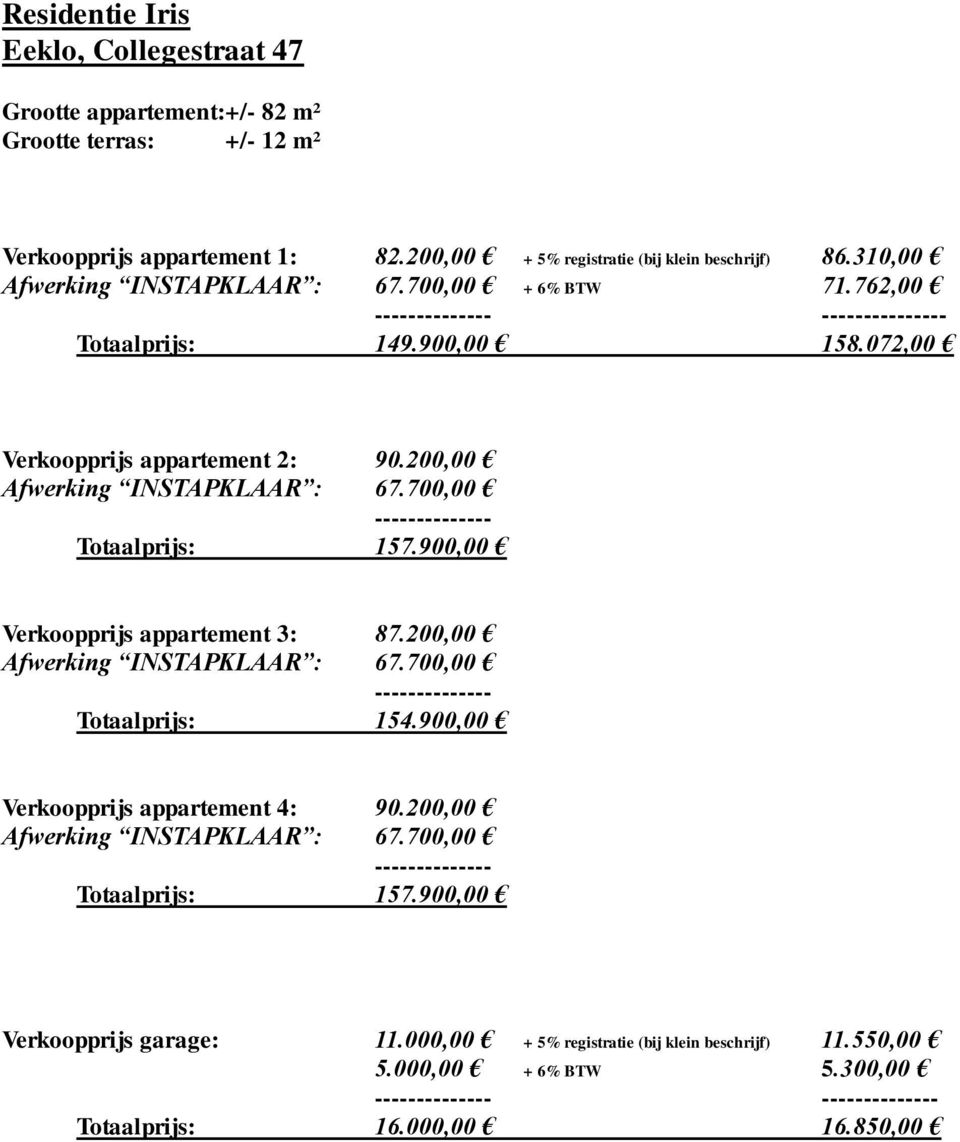 700,00 -------------- Totaalprijs: 157.900,00 Verkoopprijs appartement 3: 87.200,00 Afwerking INSTAPKLAAR : 67.700,00 -------------- Totaalprijs: 154.900,00 Verkoopprijs appartement 4: 90.