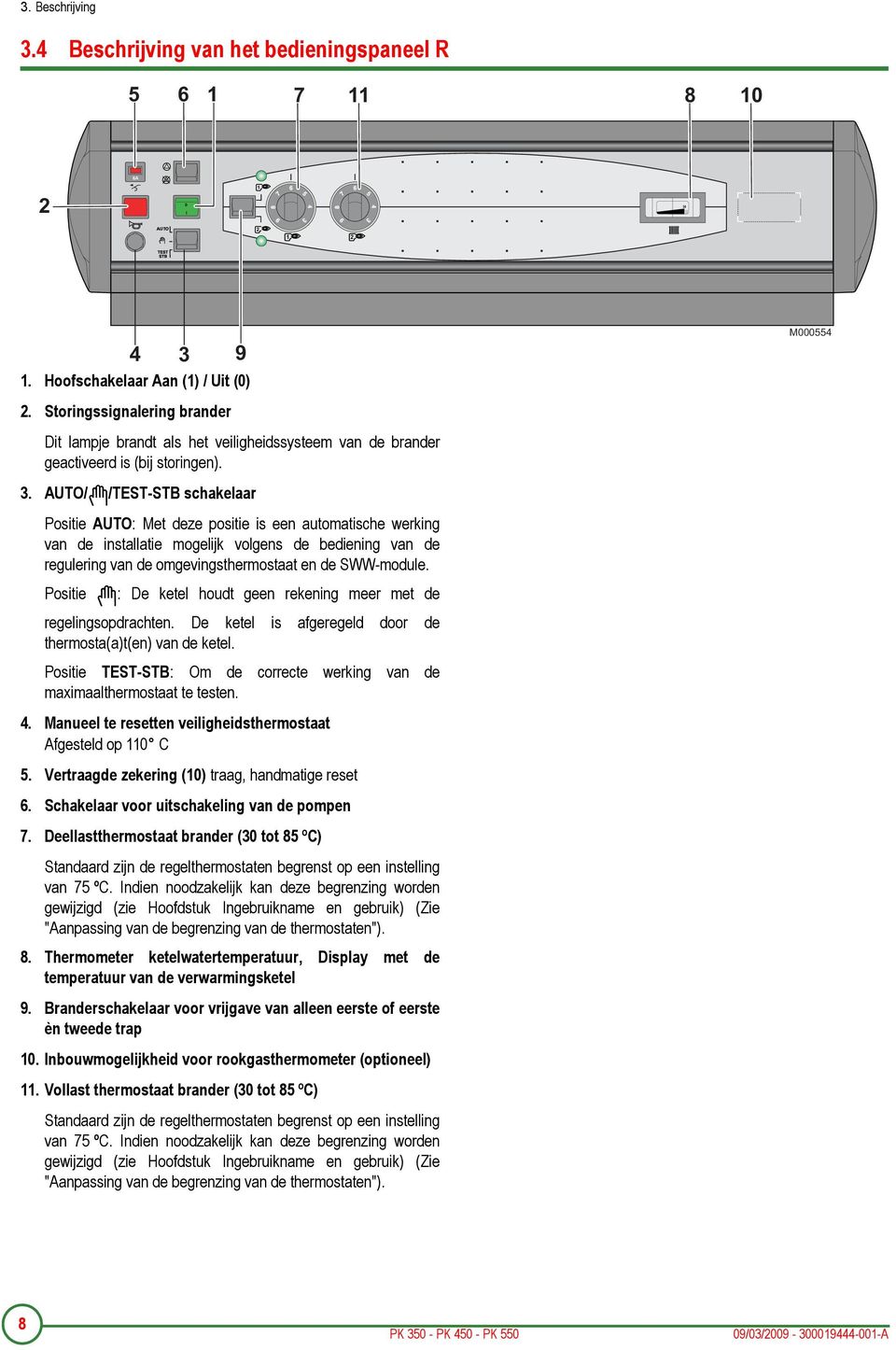 AUTO/ /TEST-STB schakelaar Positie AUTO: Met deze positie is een automatische werking van de installatie mogelijk volgens de bediening van de regulering van de omgevingsthermostaat en de SWW-module.