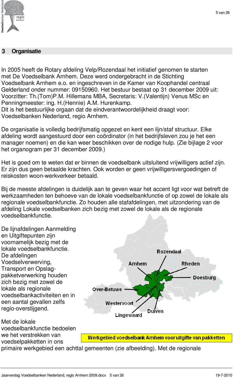 Dit is het bestuurlijke orgaan dat de eindverantwoordelijkheid draagt voor: Voedselbanken Nederland, regio Arnhem. De organisatie is volledig bedrijfsmatig opgezet en kent een lijn/staf structuur.