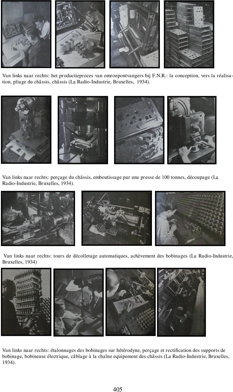 Van links naar rechts: perçage du châssis, emboutissage par une presse de 100 tonnes, découpage (La Radio-Industrie, Bruxelles, 1934).