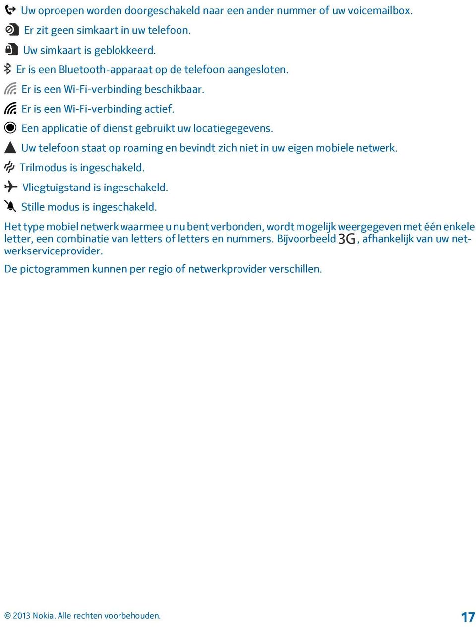 Uw telefoon staat op roaming en bevindt zich niet in uw eigen mobiele netwerk. Trilmodus is ingeschakeld. Vliegtuigstand is ingeschakeld. Stille modus is ingeschakeld.