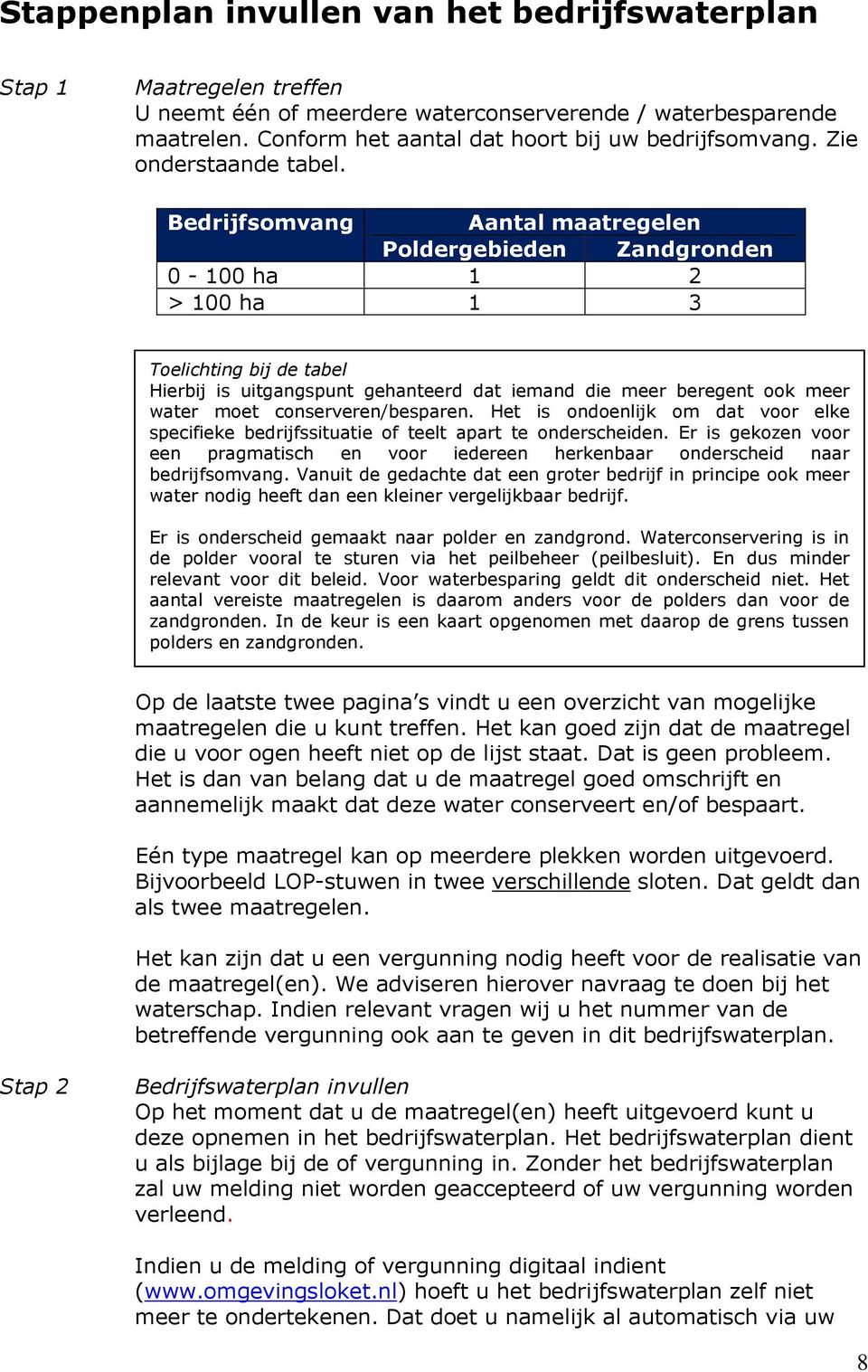 Bedrijfsomvang Aantal maatregelen Poldergebieden Zandgronden 0-100 ha 1 2 > 100 ha 1 3 Toelichting bij de tabel Hierbij is uitgangspunt gehanteerd dat iemand die meer beregent ook meer water moet