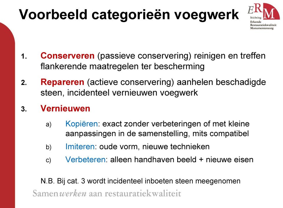 Repareren (actieve conservering) aanhelen beschadigde steen, incidenteel vernieuwen voegwerk 3.