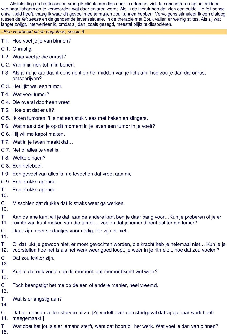 Vervolgens stimuleer ik een dialoog tussen de felt sense en de genoemde levenssituatie. In de therapie met Bouk vallen er weinig stiltes.