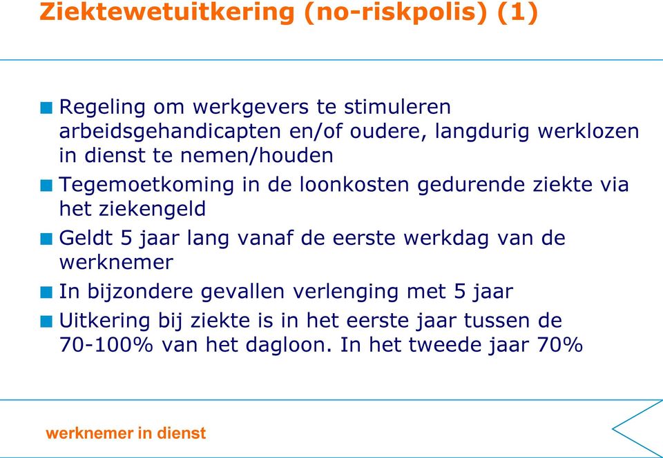 ziekengeld Geldt 5 jaar lang vanaf de eerste werkdag van de werknemer In bijzondere gevallen verlenging met 5