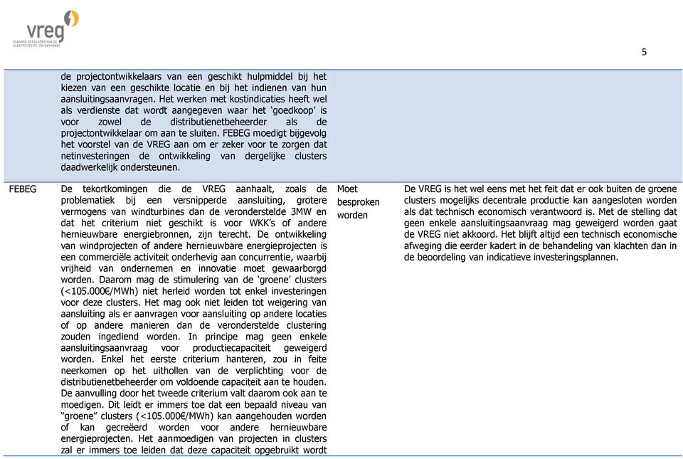 FEBEG moedigt bijgevolg het voorstel van de VREG aan om er zeker voor te zorgen dat netinvesteringen de ontwikkeling van dergelijke clusters daadwerkelijk ondersteunen.