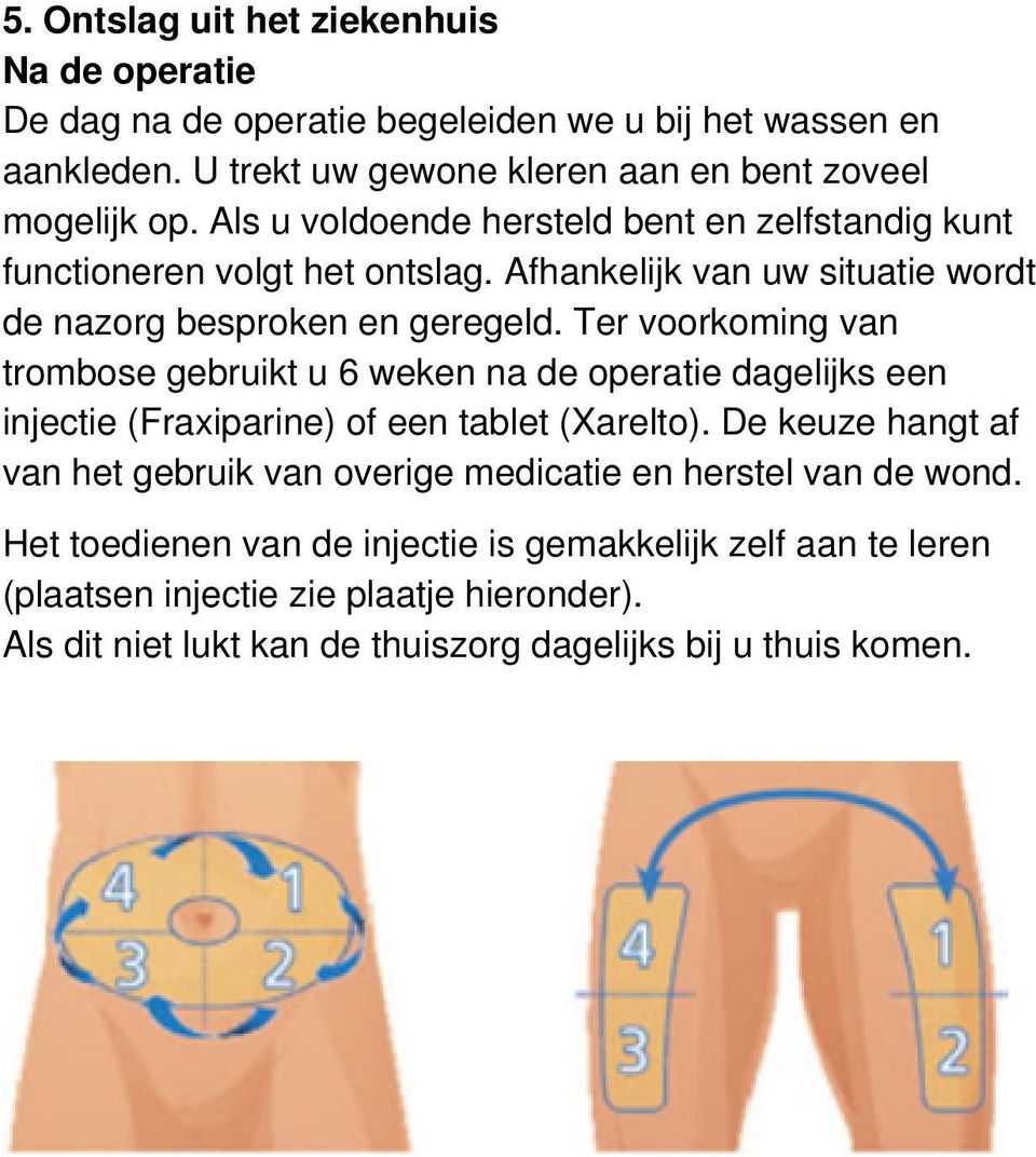 Ter voorkoming van trombose gebruikt u 6 weken na de operatie dagelijks een injectie (Fraxiparine) of een tablet (Xarelto).