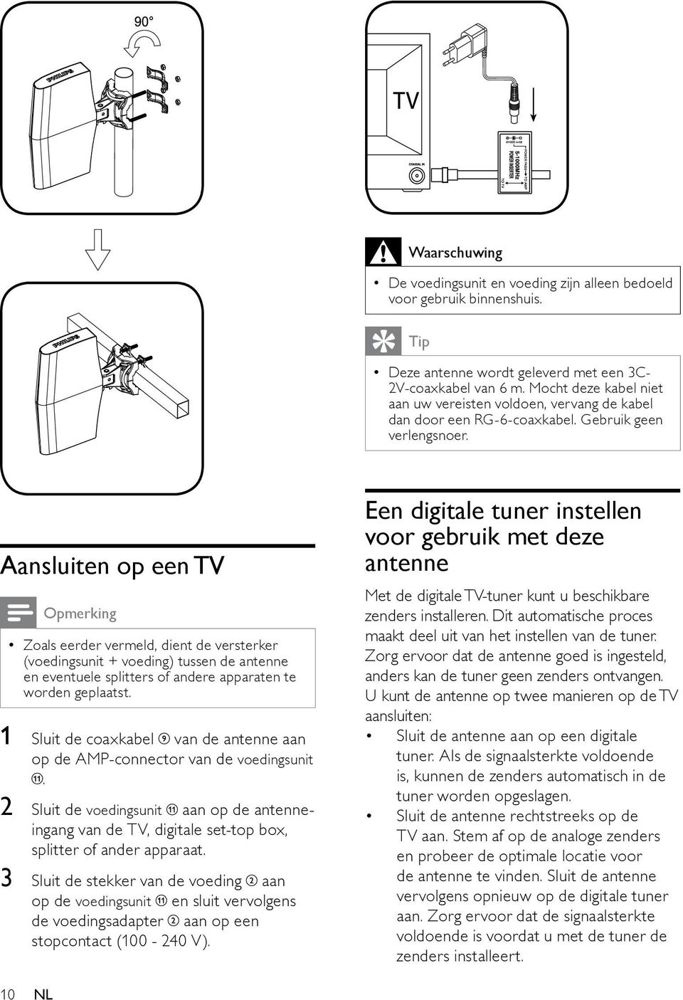 Aansluiten op een TV Opmerking Zoals eerder vermeld, dient de versterker (voedingsunit + voeding) tussen de antenne en eventuele splitters of andere apparaten te worden geplaatst.