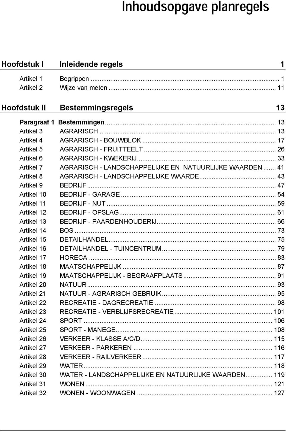 Artikel 9 BEDRIJF Artikel 10 BEDRIJF - GARAGE Artikel 11 BEDRIJF - NUT Artikel 12 BEDRIJF - OPSLAG Artikel 13 BEDRIJF - PAARDENHOUDERIJ Artikel 14 BOS Artikel 15 DETAILHANDEL Artikel 16 DETAILHANDEL