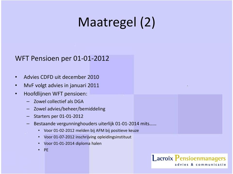 per 01 01 2012 Bestaande vergunninghouders uiterlijk 01 01 2014 mits Voor 01 02 2012 melden bij AFM