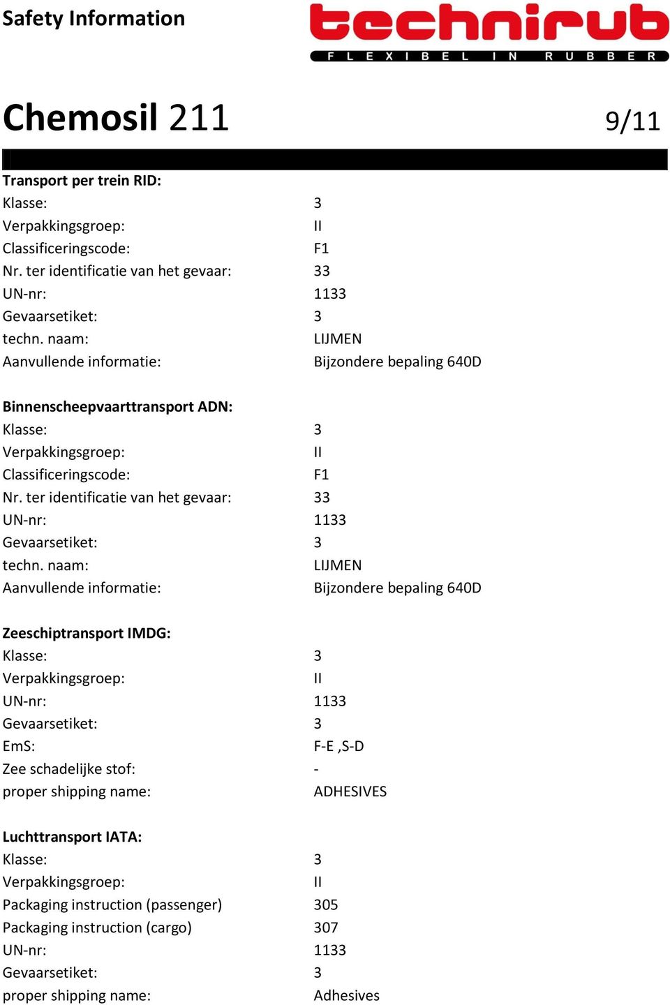 ter identificatie van het gevaar: 33 UN-nr: 1133 Gevaarsetiket: 3 techn.