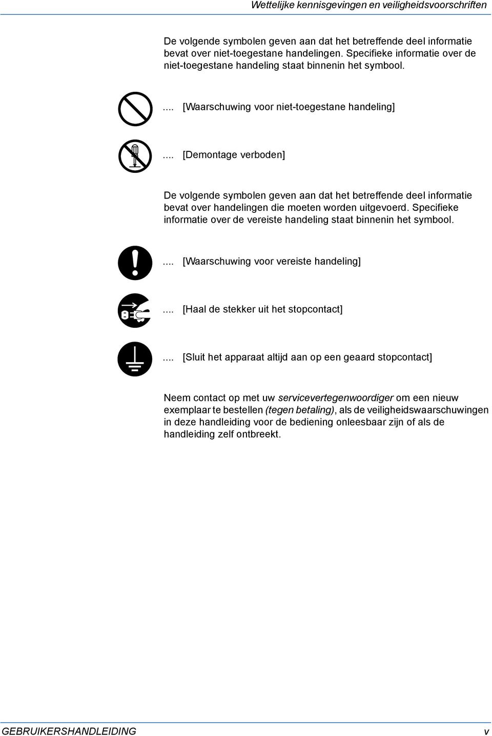 .. [Demontage verboden] De volgende symbolen geven aan dat het betreffende deel informatie bevat over handelingen die moeten worden uitgevoerd.