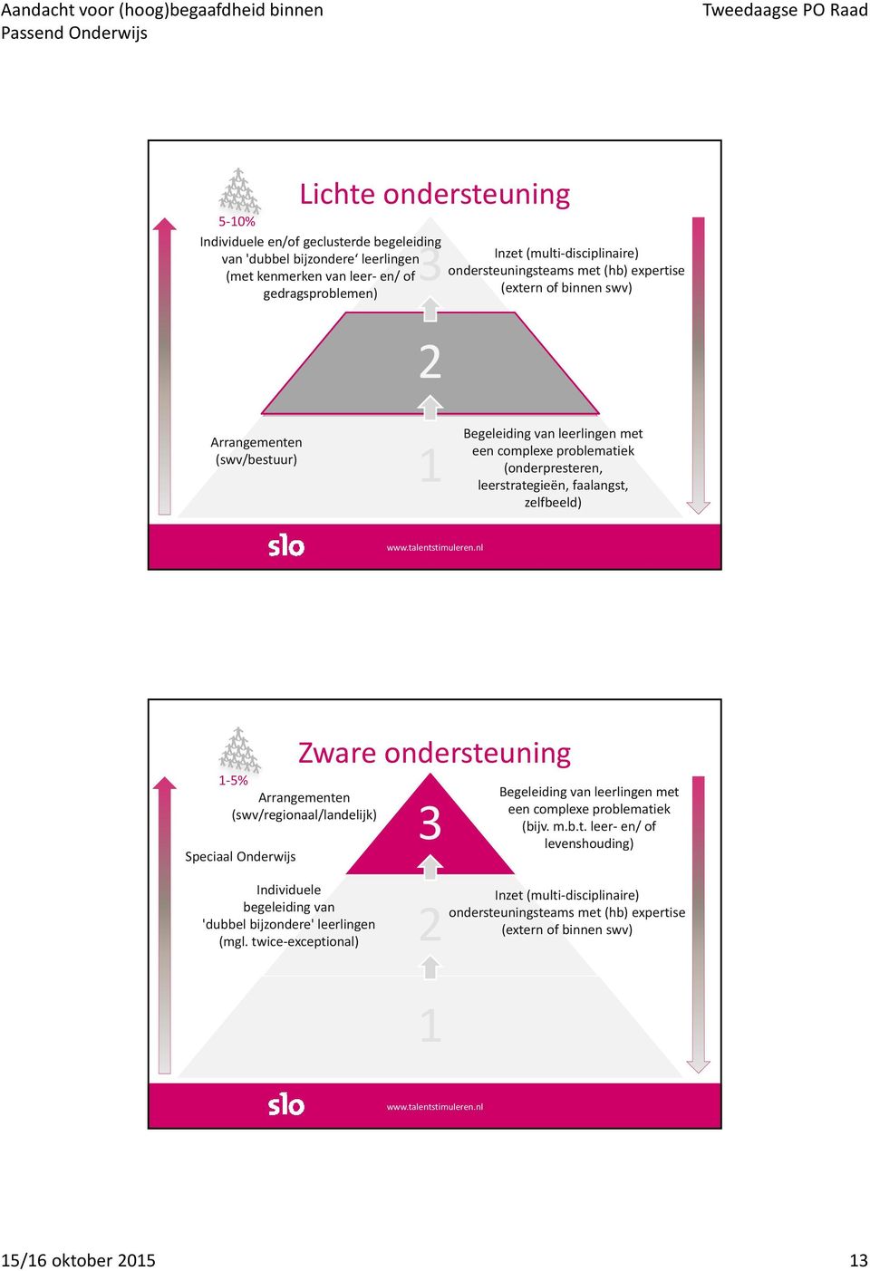 faalangst, zelfbeeld) Zware ondersteuning 1 5% Arrangementen (swv/regionaal/landelijk) Speciaal Onderwijs 3 Begeleiding van leerlingen met een complexe problematiek (bijv. m.b.t. leer en/ of levenshouding) Individuele begeleiding van 'dubbel bijzondere' leerlingen (mgl.