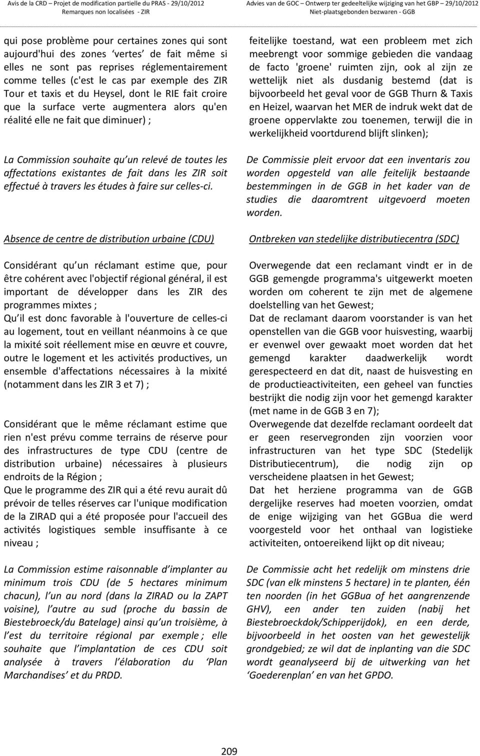 La Commission souhaite qu un relevé de toutes les affectations existantes de fait dans les ZIR soit effectué à travers les études à faire sur celles-ci.