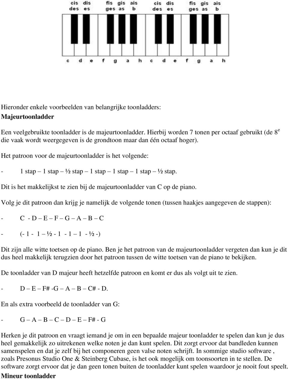 Het patroon voor de majeurtoonladder is het volgende: - 1 stap 1 stap ½ stap 1 stap 1 stap 1 stap ½ stap. Dit is het makkelijkst te zien bij de majeurtoonladder van C op de piano.