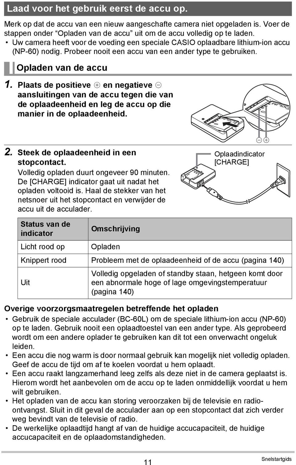 Plaats de positieve + en negatieve - aansluitingen van de accu tegen die van de oplaadeenheid en leg de accu op die manier in de oplaadeenheid. 2. Steek de oplaadeenheid in een stopcontact.