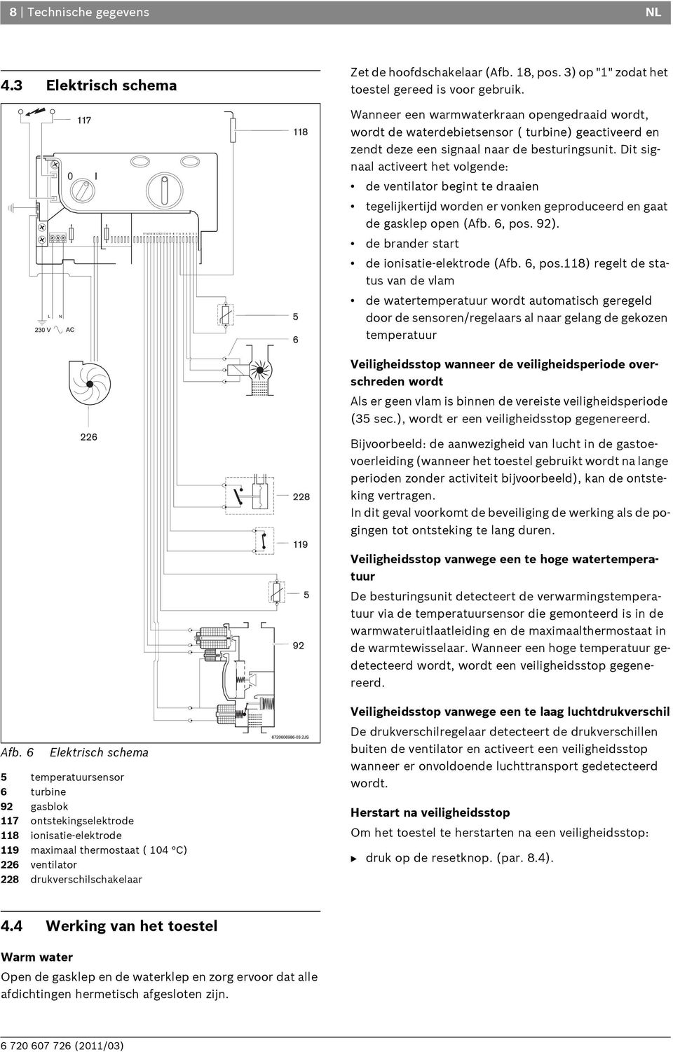 Dit signaal activeert het volgende: de ventilator begint te draaien tegelijkertijd worden er vonken geproduceerd en gaat de gasklep open (Afb. 6, pos. 92).